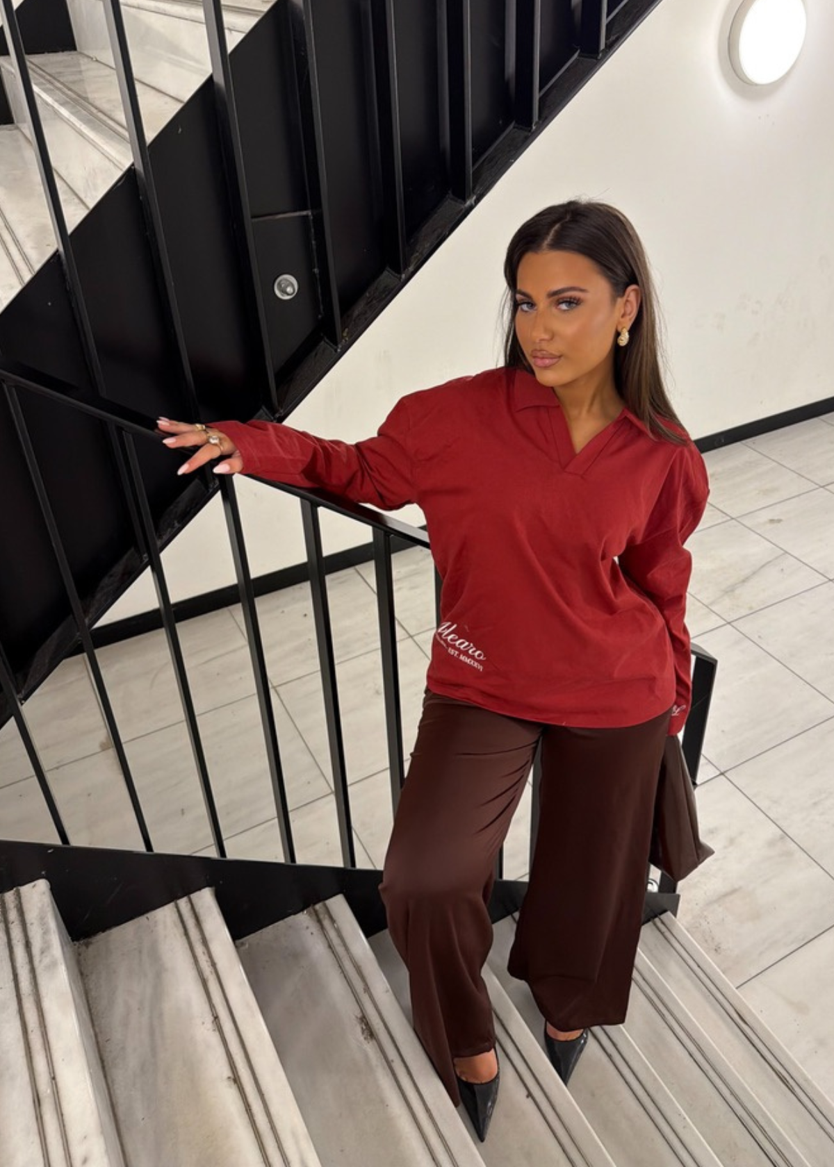 Alearo | Longsleeve polo | Burgundy & wit