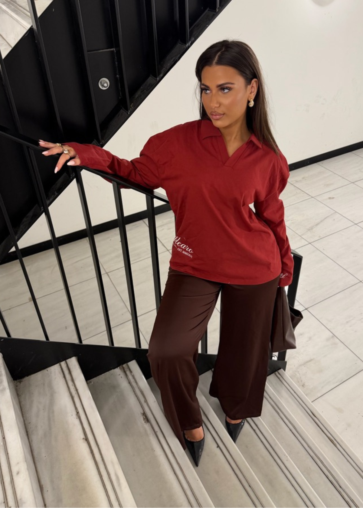 Alearo | Longsleeve polo | Burgundy & wit